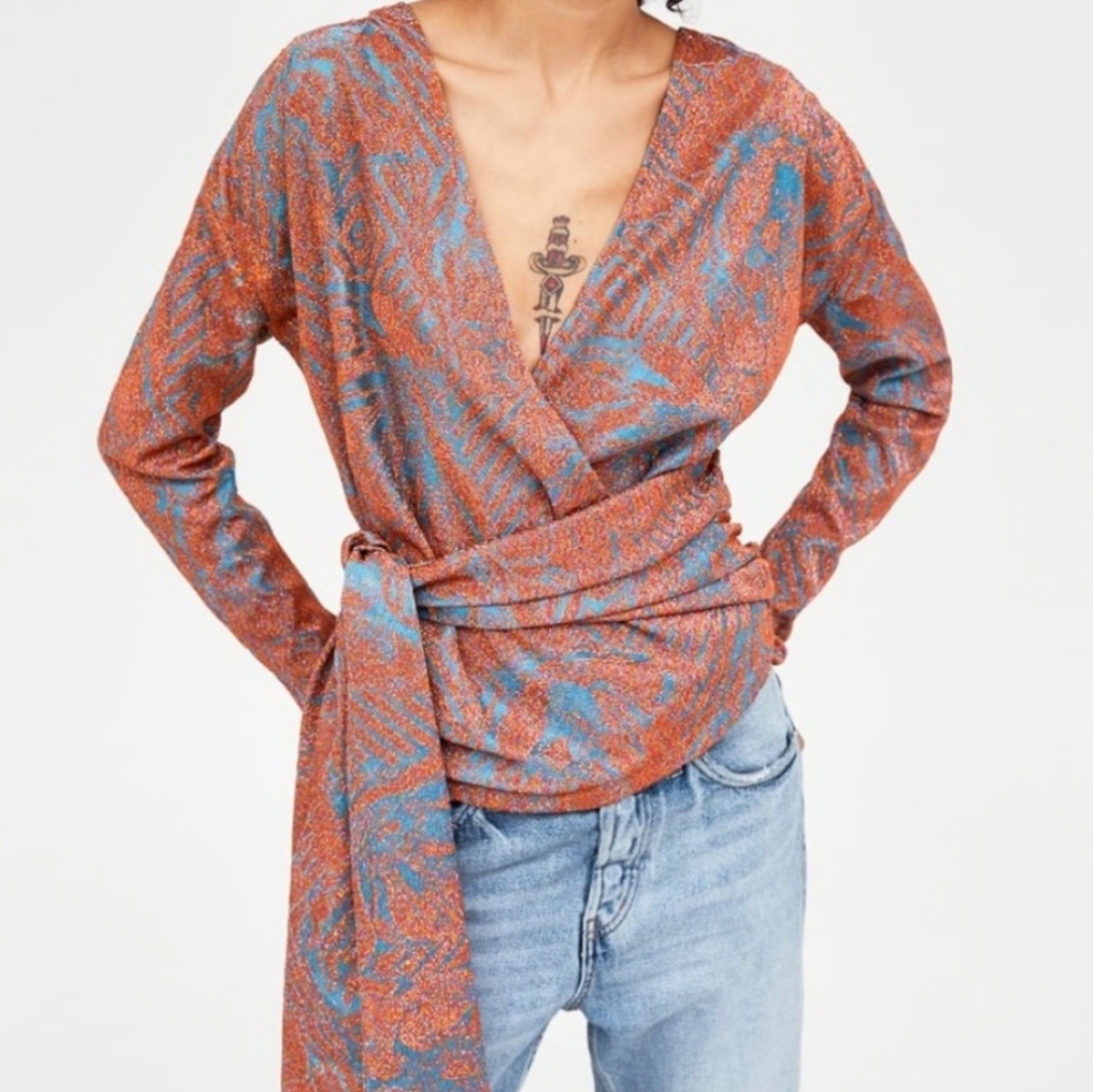 Zara metallic faux wrap top
